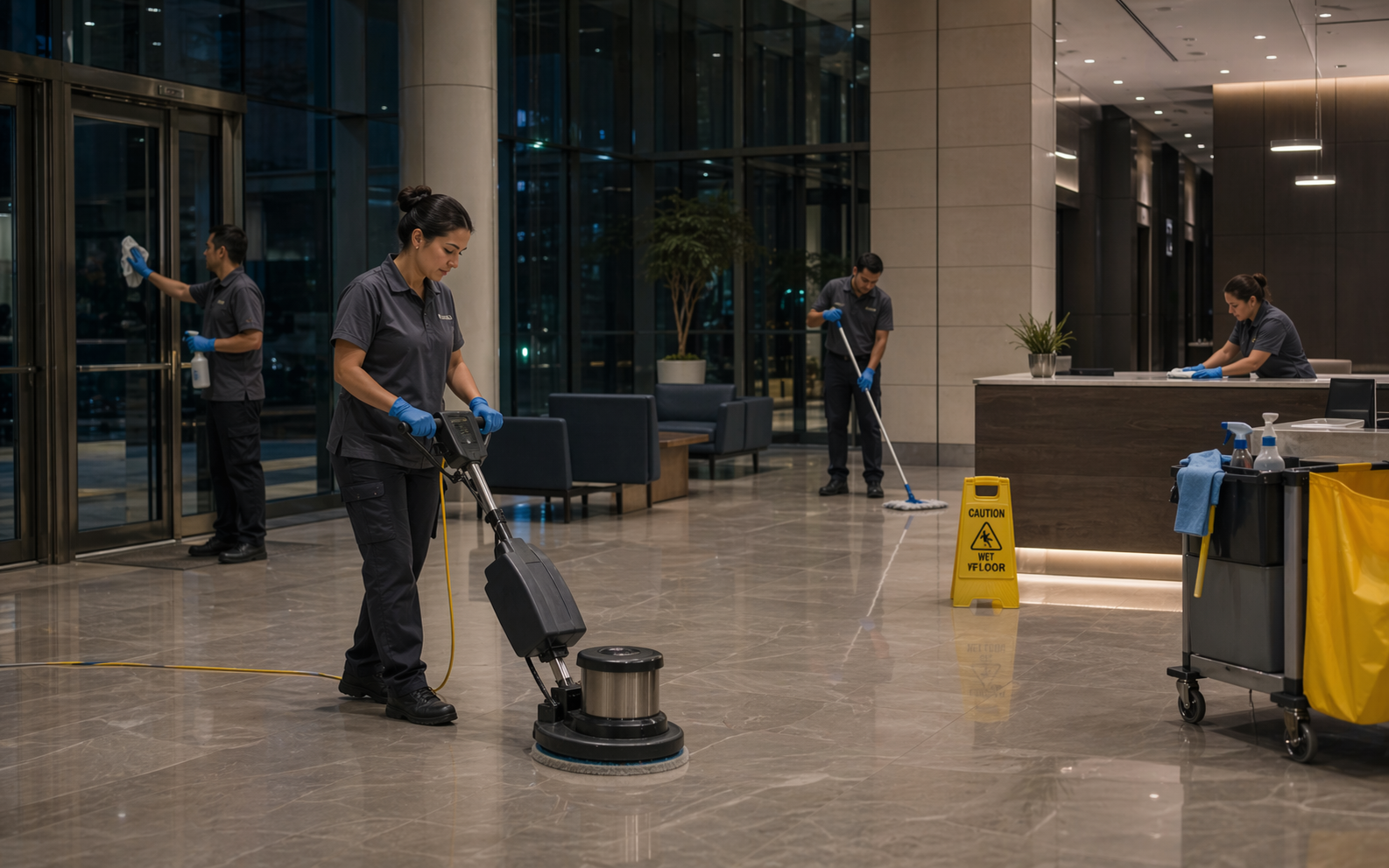 Professional cleaning crew servicing an office lobby after hours